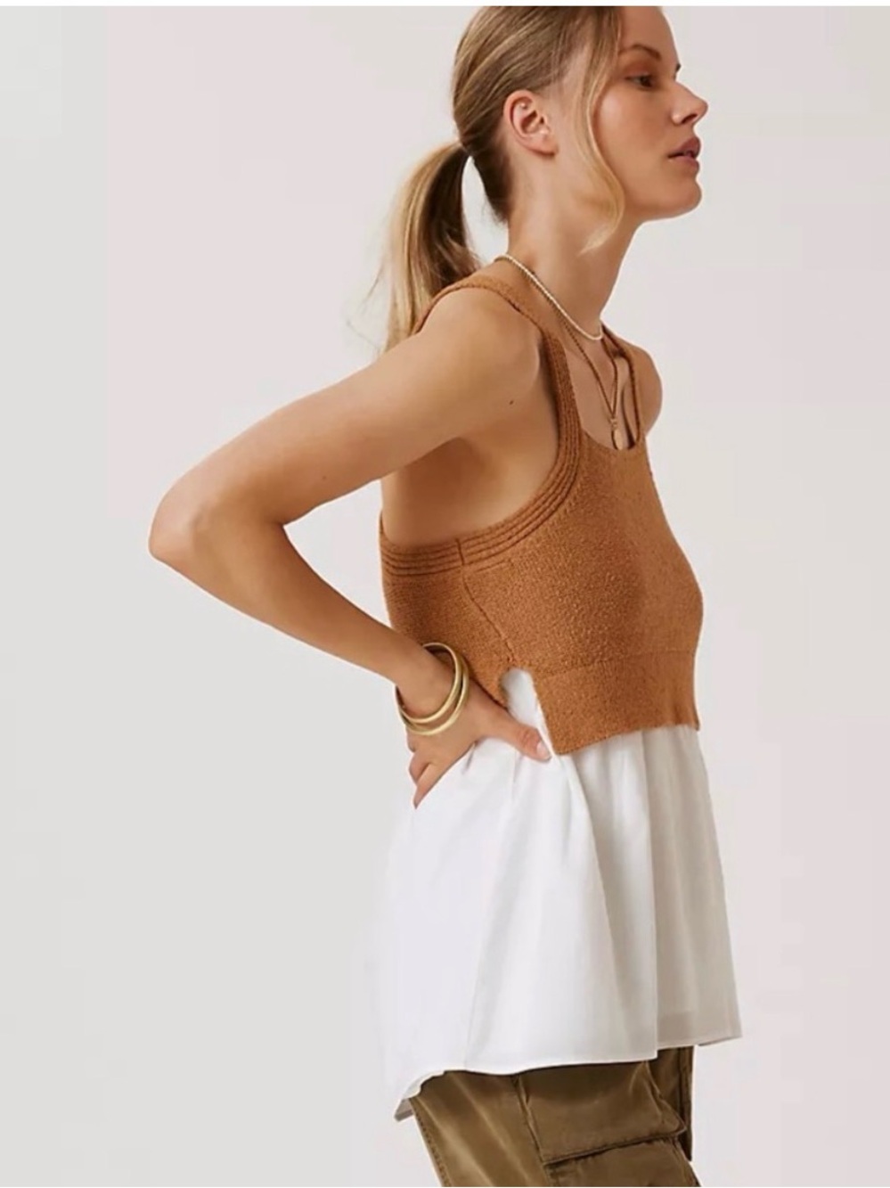 Anthropologie Brown Knit Tank with Built-In White Ruffle Layer